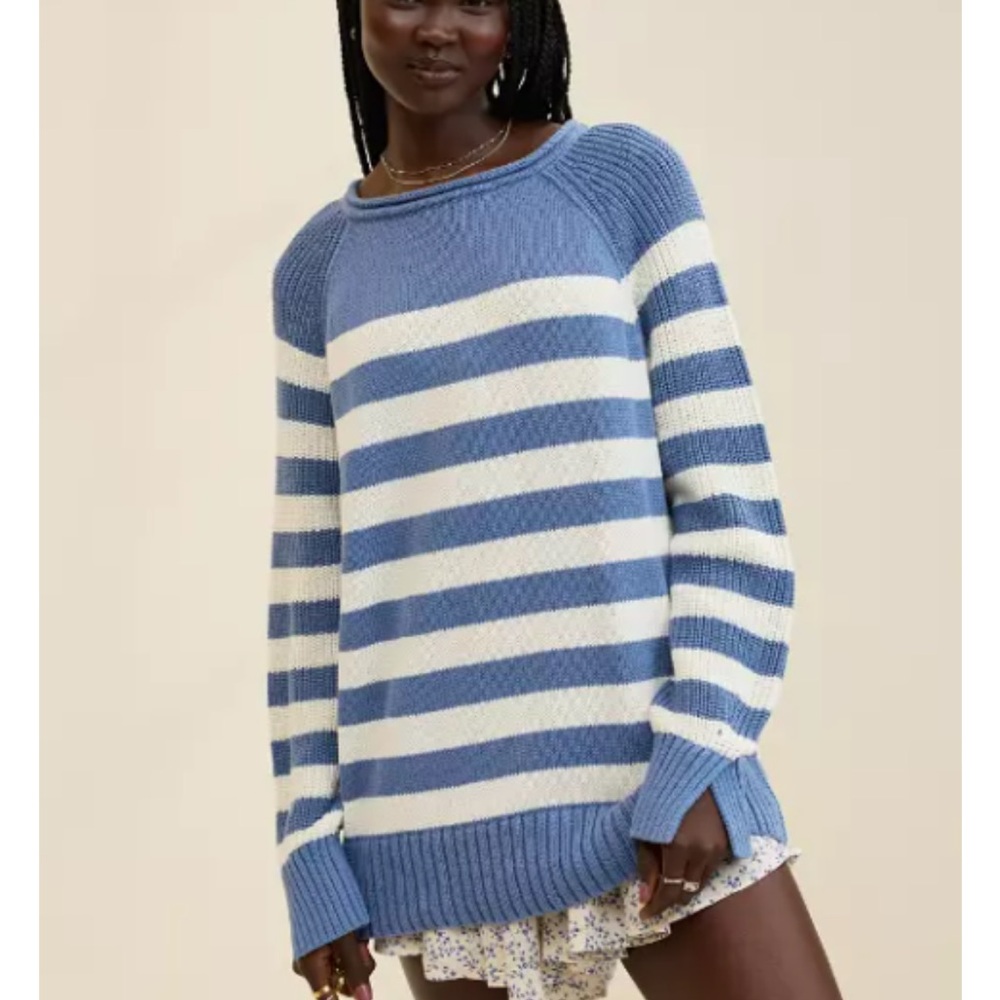 Aerie Blue and White Striped Crew Neck Sweater